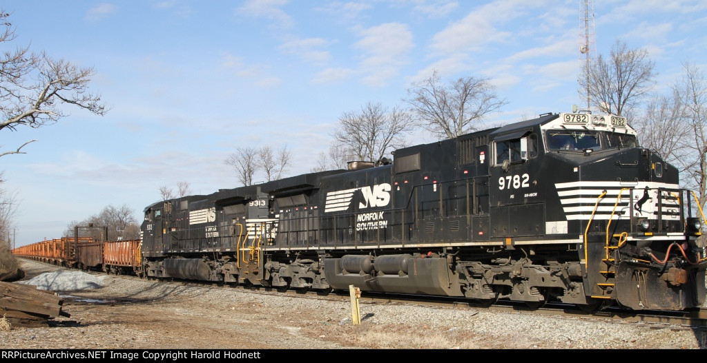 NS 9782 & 9313 lead rail train 94Q out of the yard